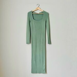 {Zara} Green Square Neck Ribbed Knit Long Sleeve Midi Fitted Dress